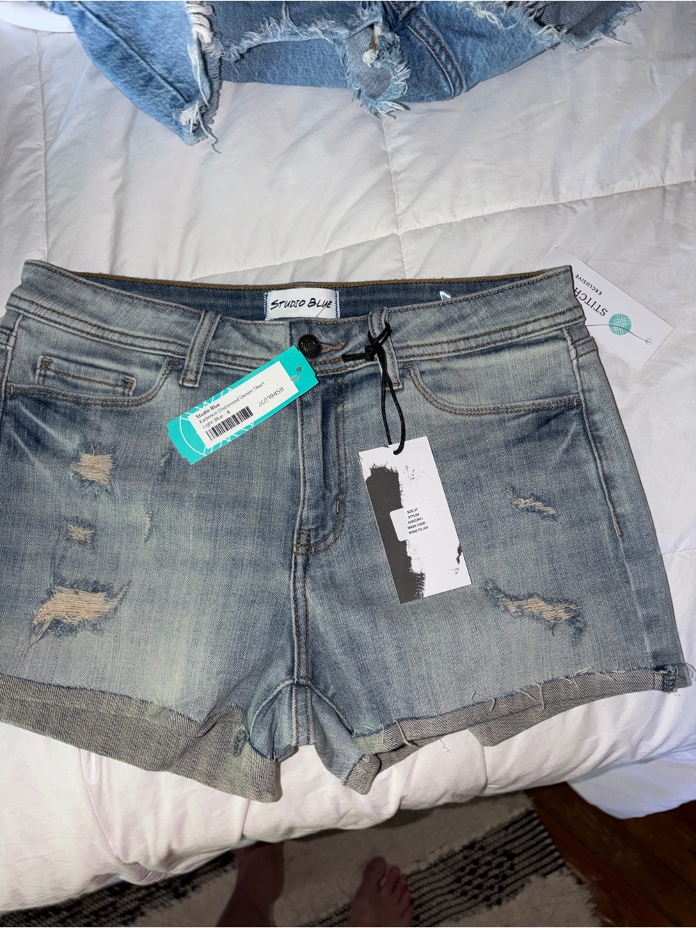 Studio Distressed Cuffed Jean Shorts in Light Blue